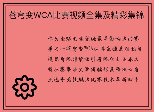 苍穹变WCA比赛视频全集及精彩集锦