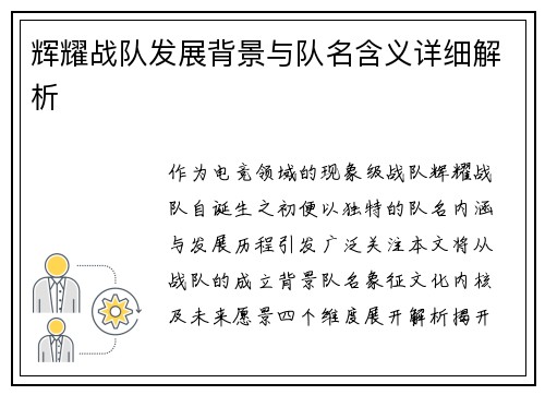 辉耀战队发展背景与队名含义详细解析